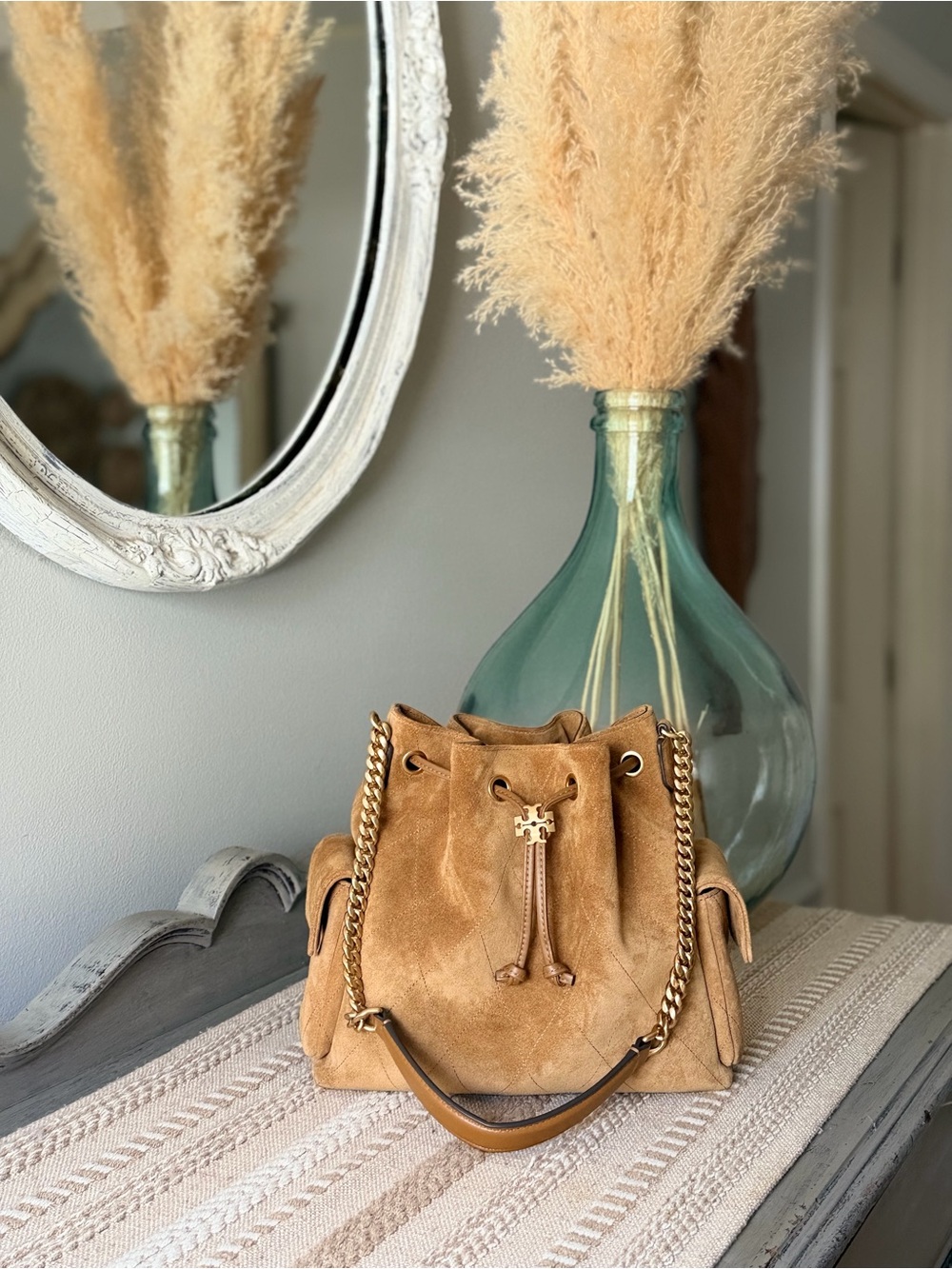 Tory Burch Suede Charlie Drawstring Bucket Bag in Toffee with Gold Chain